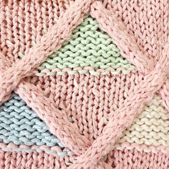 Vintage Pink Chunky Knit Sweater Vest 3D Knit Argyle 80s Pastel Fairy Kei Preppy - Picture 10 of 16